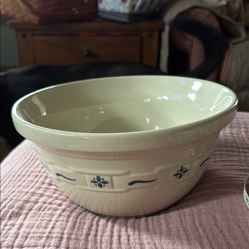 Longaberger Ceramic Mixing Bowl with Blue Accents. 10” diameter.